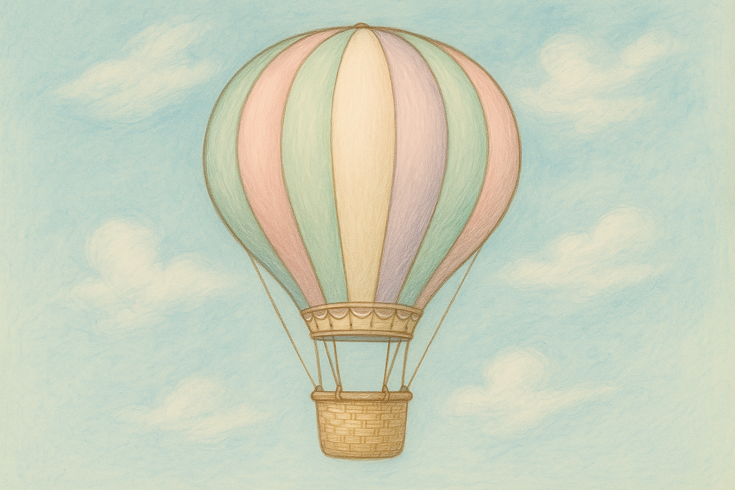MI SERVE L'IMMAGINE DI COPERTINA PER UNA LISTA BATTESIMO. PER FAVORE, DISEGNA UNA MONGOLFIERA CON COLORI PASTELLO SULL'AZZURRO, ELEGANTE, TIPO DSEGNATA