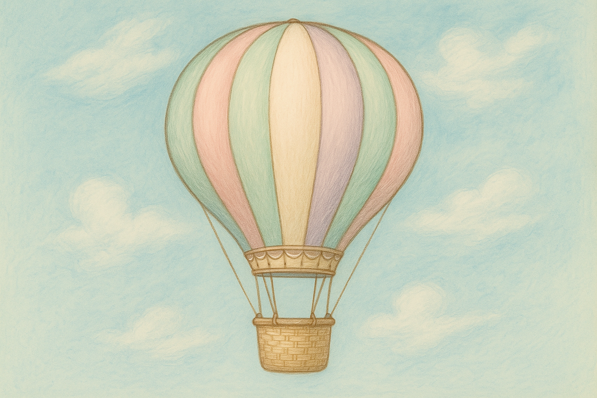 MI SERVE L'IMMAGINE DI COPERTINA PER UNA LISTA BATTESIMO. PER FAVORE, DISEGNA UNA MONGOLFIERA CON COLORI PASTELLO SULL'AZZURRO, ELEGANTE, TIPO DSEGNATA