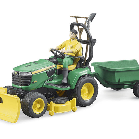 BRUDER 62104 johnDeere trattore tosaerba con rimorchio e giardiniere