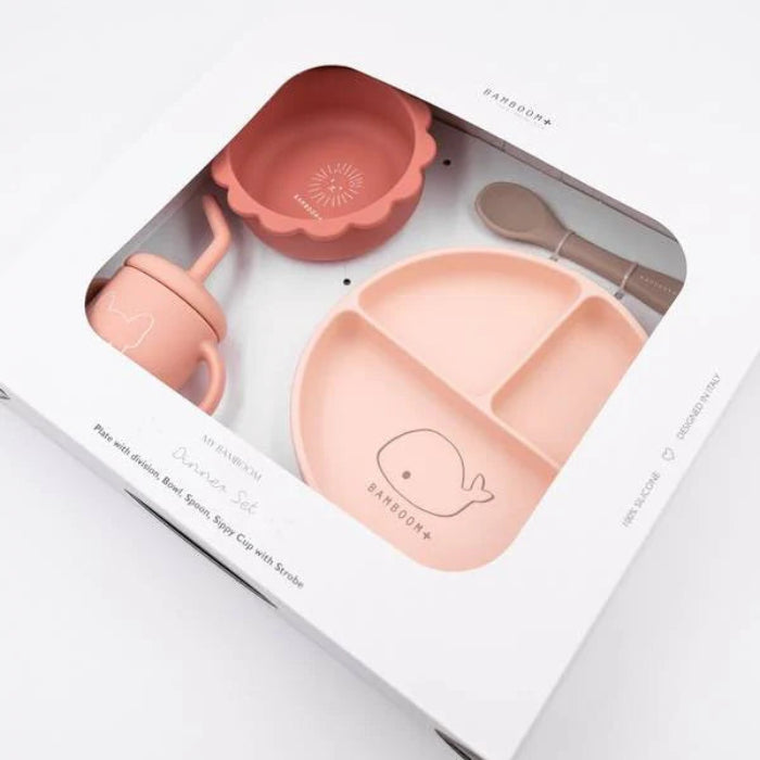 Set Bimbo in Silicone ( piatto, scodella, cucchiaio, bicchiere)Rosa