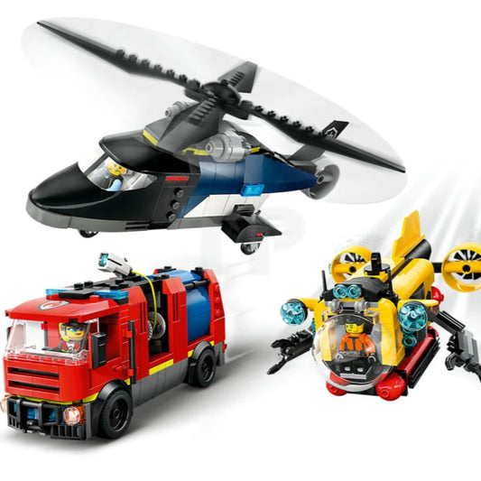 lego 60462 City Great Vehicles Elicottero, autopompa e sottomarino